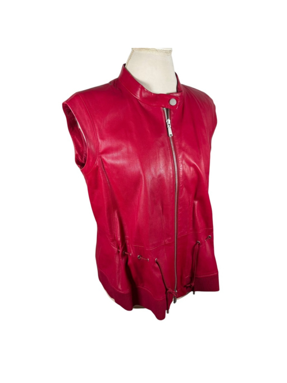 Worth New York Red Leather Moto Vest High Neck Cinch Waist Zip Front Size 12 - Picture 8 of 14